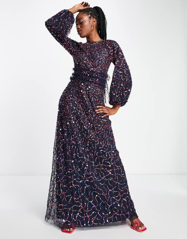 Maya high neck long sleeve all over embellished dress in navy blue