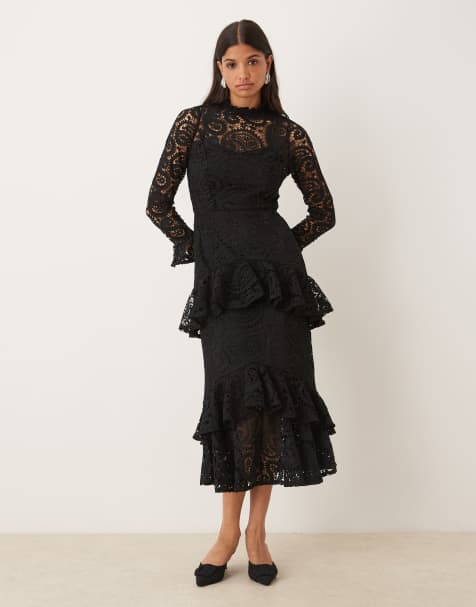 Maya High neck long sleeve lace midaxi dress in black