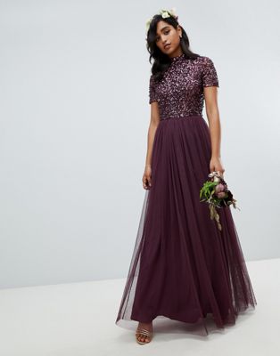 maya high neck maxi tulle dress with tonal delicate sequins