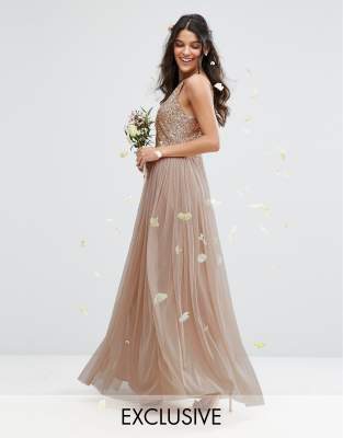 maya high neck maxi tulle dress with tonal delicate sequins