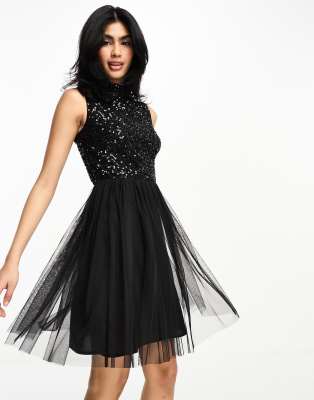 Maya high neck mini dress with delicate sequin black | ASOS