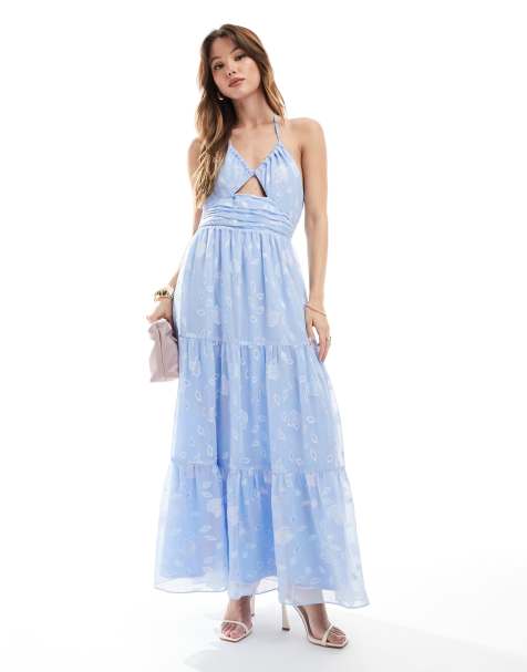 Maya Iridescent floral burnout crossover halter neck midaxi dress in light blue