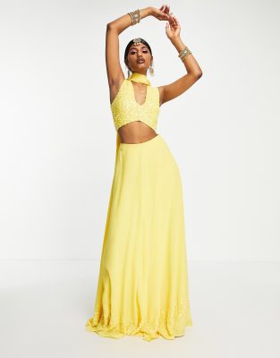 Maya - Jupe lehenga longue à sequins - Jaune