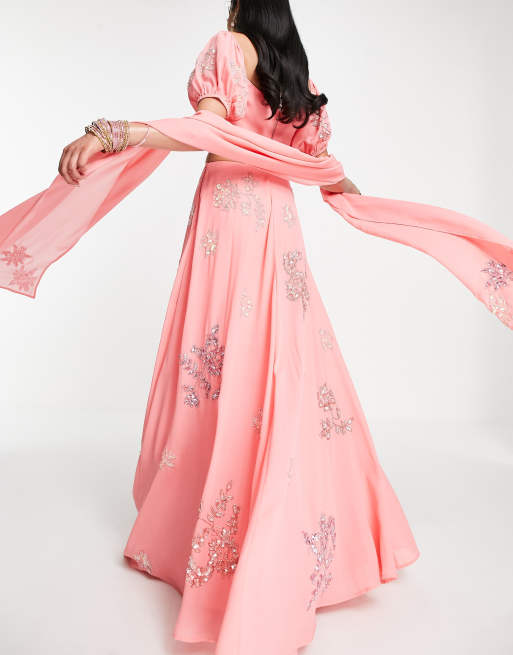 Maya - Jupe lehenga longue ornée de fleurs - Rose
