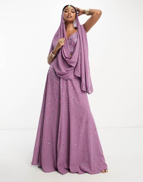 Maya - Jupe longue lehenga d'ensemble ornée de sequins - Lilas - view 1