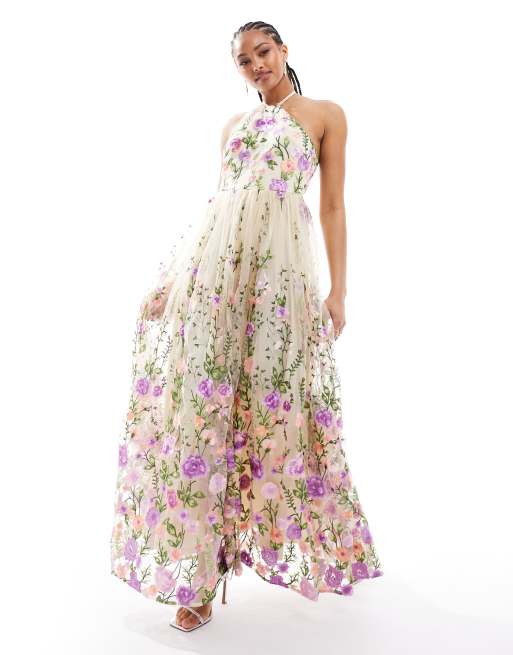 Maya – Kolorowa sukienka maxi na bal maturalny z haftem i dekoltem typu halter 