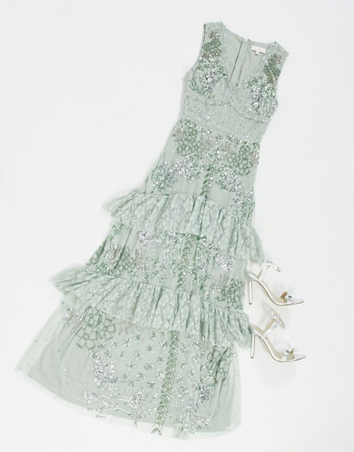 Maya lace embellished ruffle hem maxi dress in green