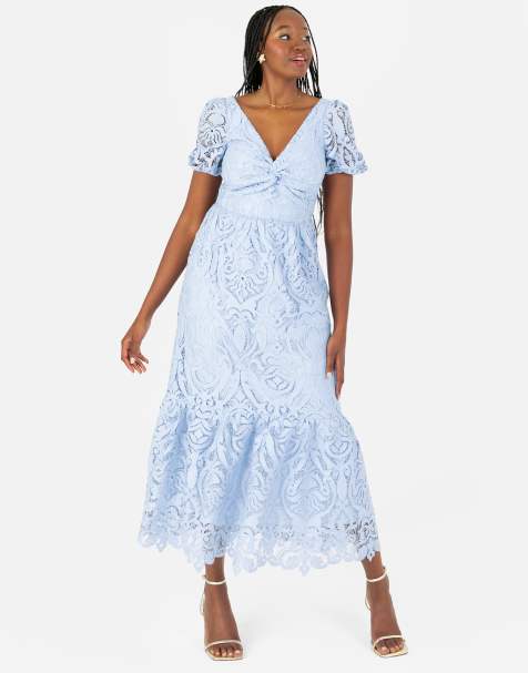 Maya Lace midi dress with twist detail in blue