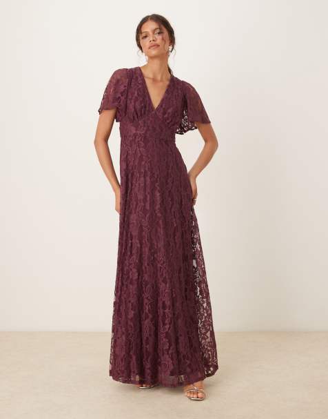 Maya Lace v neck angel sleeve maxi dress in berry