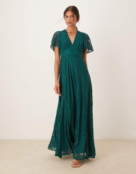 Maya Lace v neck angel sleeve maxi dress in emerald green - view 1