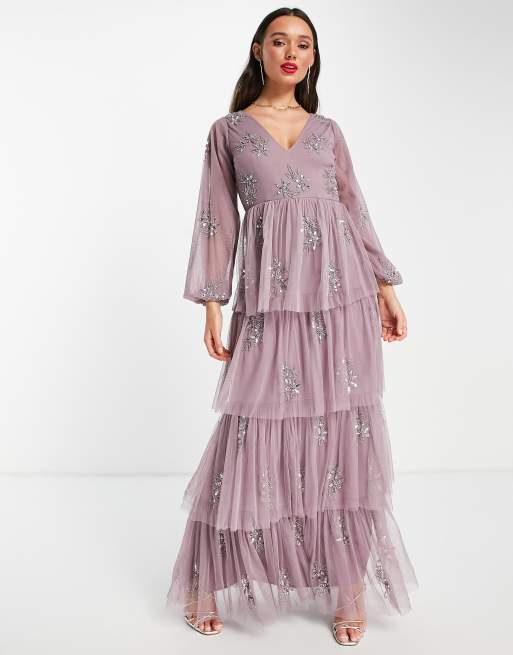 Maya - Lange jurk met versiering en rok met ruches in lila