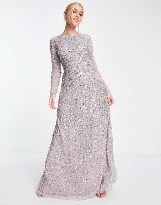 Maya lattice back all over embellished maxi dress in gray lilac