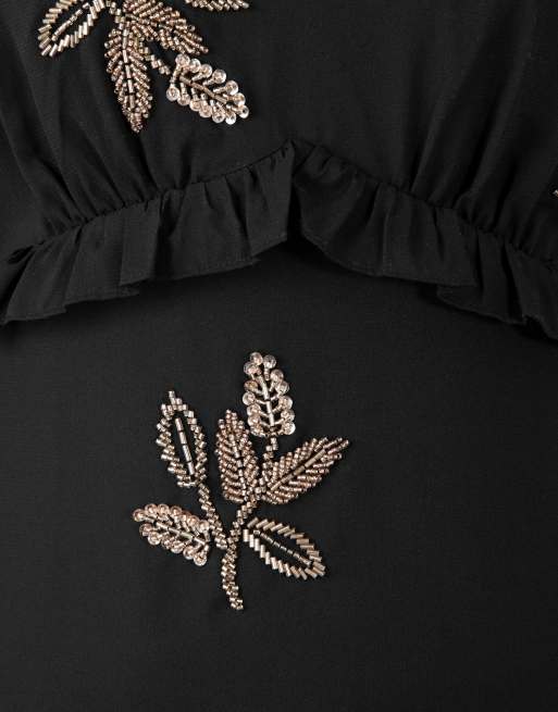 Maya Leaf embellished 3/4 bell sleeve maxi dress in black, 5 of 5