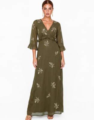 Maya Leaf Embellished Bell Sleeve Maxi Dress In Green