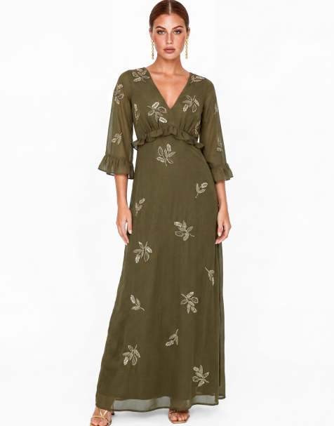 Maya Leaf embellished bell sleeve maxi dress in deep olive - view 1