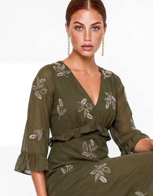 Maya Leaf embellished bell sleeve maxi dress in deep olive, 3 of 5