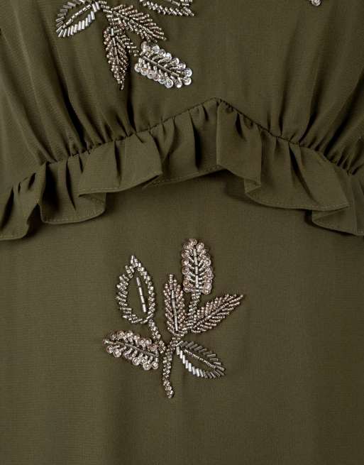 Maya Leaf embellished bell sleeve maxi dress in deep olive, 5 of 5