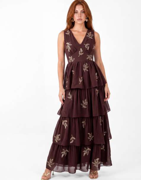 Maya Leaf embellished sleeveless v neck tiered maxi dress in espresso - view 1