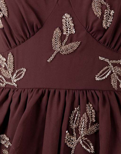 Maya Leaf embellished sleeveless v neck tiered maxi dress in espresso, 5 of 5