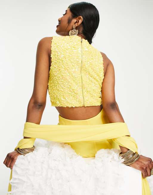 Maya - Lehenga - Crop top giallo con decorazioni in paillettes, 3 di 4