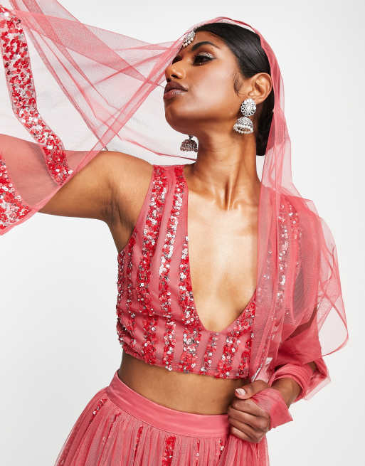 Maya - Lehenga Dupatta - Sciarpa rossa con decorazione triangolare