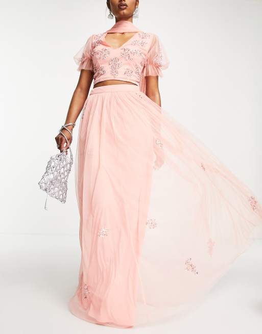 Maya - Lehenga - Gonna lunga color cipria decorata con fiori