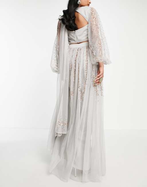 Maya - Lehenga - Gonna lunga grigia decorata, 3 di 4