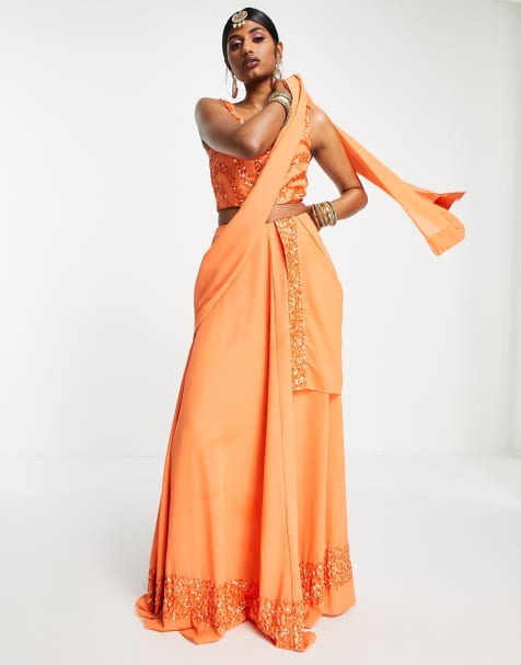 Maya - Lehenga-maxinederdel i mandarinorange med udsmykkede bånd - view 1