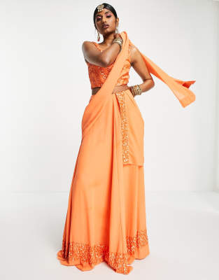 Maya - Lehenga-Maxirock in Mandarine-Orange mit Zierstreifen