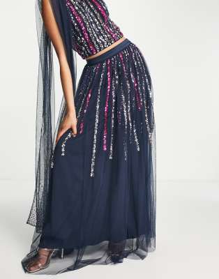 lehenga multicolored stripe sequin maxi skirt in navy - part of a set