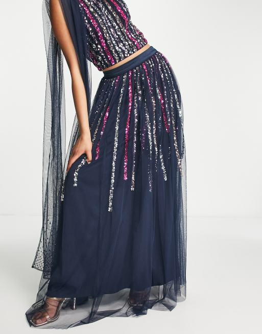 Maya lehenga multicoloured stripe sequin maxi skirt in navy (part of a set) 