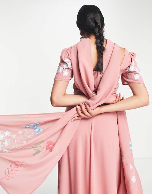 Maya - Lehenga - Sciarpa color cipria decorata a fiori, 2 di 4