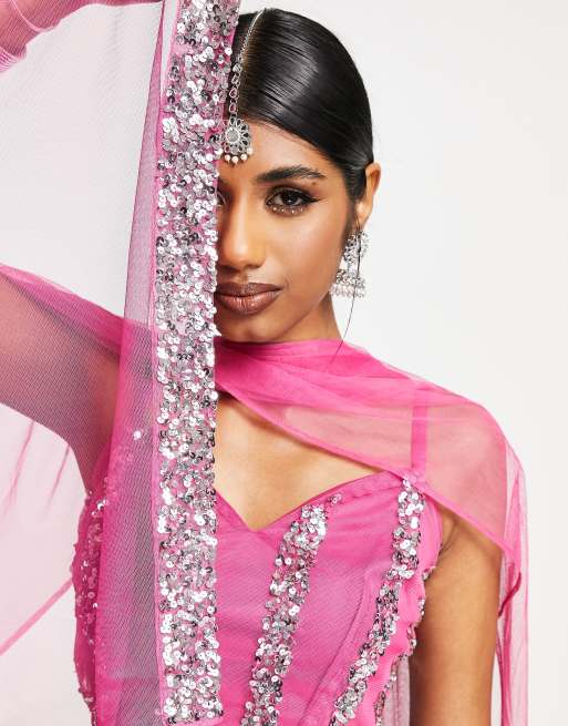 Maya - Lehenga-sjaal met lineaire versiering in roze