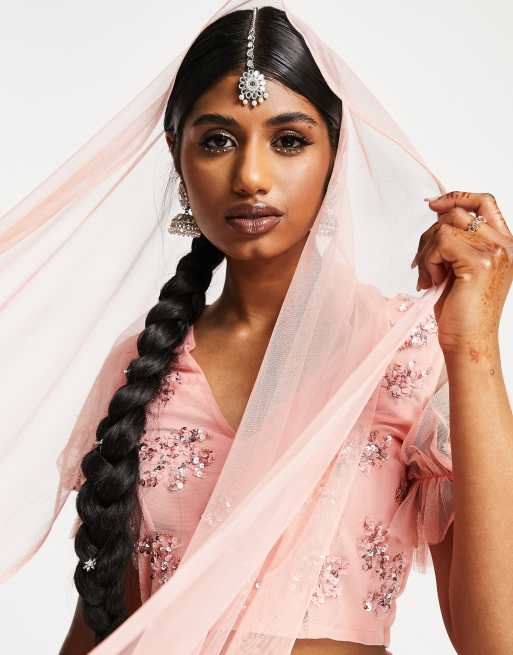 Maya - Lehenga-tørklæde med småblomstret udsmykning i blush-lyserød