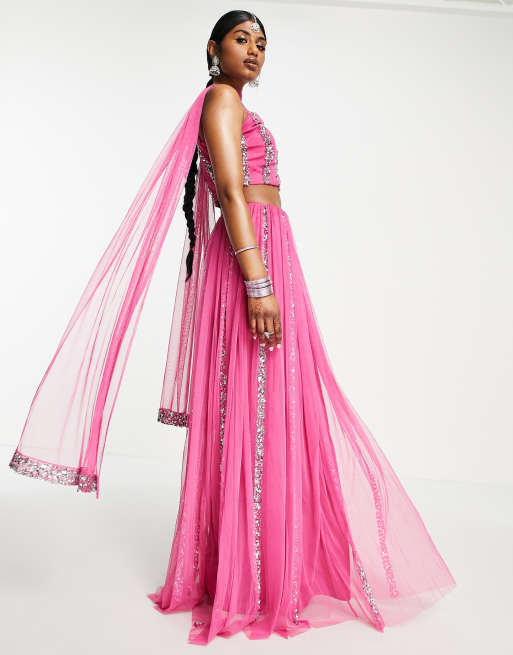 Maya - Lige udsmykket lehenga-maxinederdel i pink