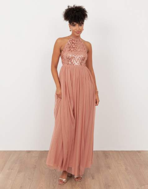 Maya Linear embellished halter neck maxi dress in terracotta pink - view 1