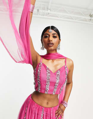 Maya Maya linear embellished lehenga crop top in pink