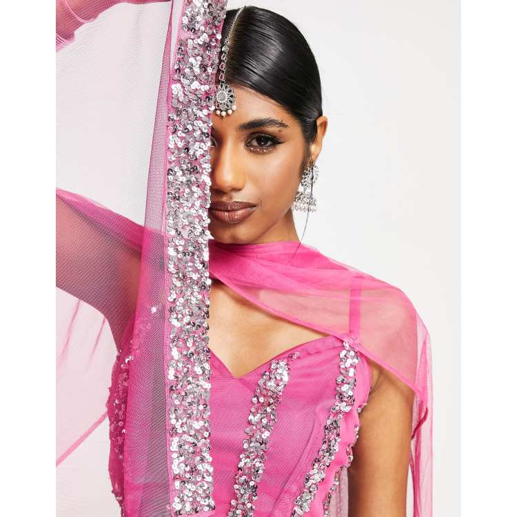 Maya linear embellished lehenga scarf in pink