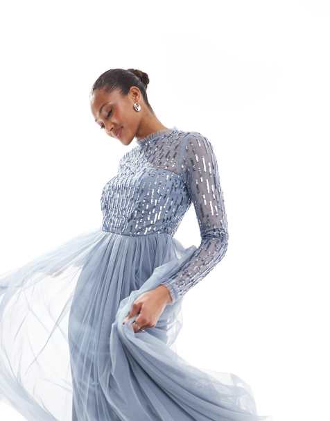 Maya Linear embellished long sleeve maxi dress in dusty blue - view 1