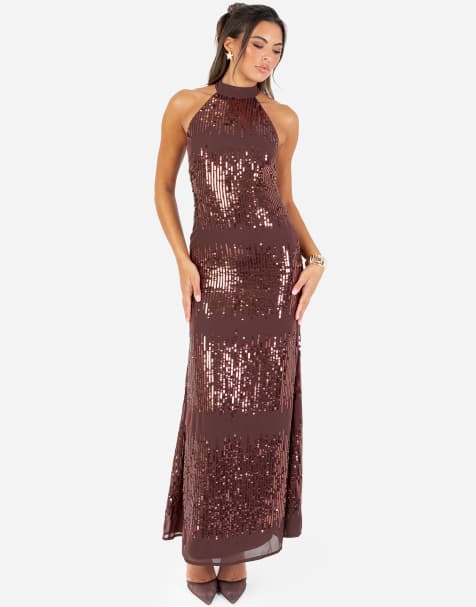 Maya Linear embellishment halter neck maxi dress in chocolate