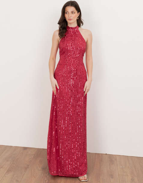 Maya Linear embellishment halter neck maxi dress in hot pink - view 1