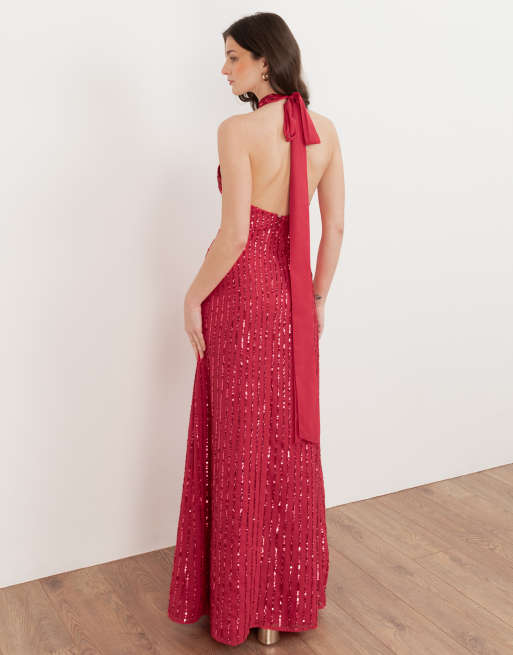 Maya Linear embellishment halter neck maxi dress in hot pink | ASOS