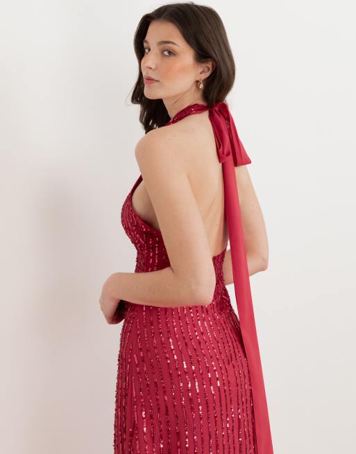 Maya Linear embellishment halter neck maxi dress in hot pink