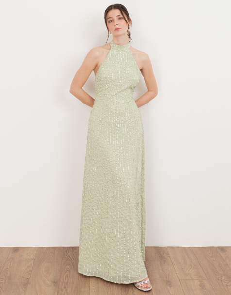 Maya Linear embellishment halter neck maxi dress in meadow green