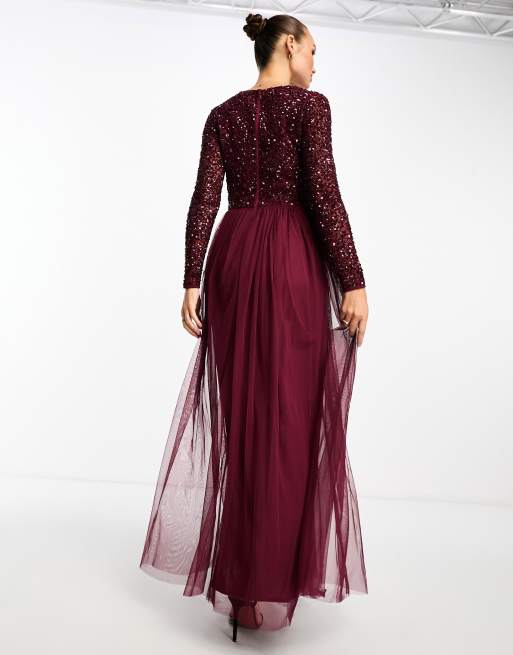 Maya - L'invitée - Robe longue à manches longues en tulle orné de sequins délicats ton sur ton - Lie-de-vin, 2 de 4