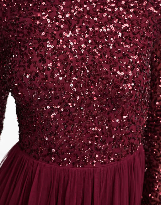 Maya - L'invitée - Robe longue à manches longues en tulle orné de sequins délicats ton sur ton - Lie-de-vin, 3 de 4