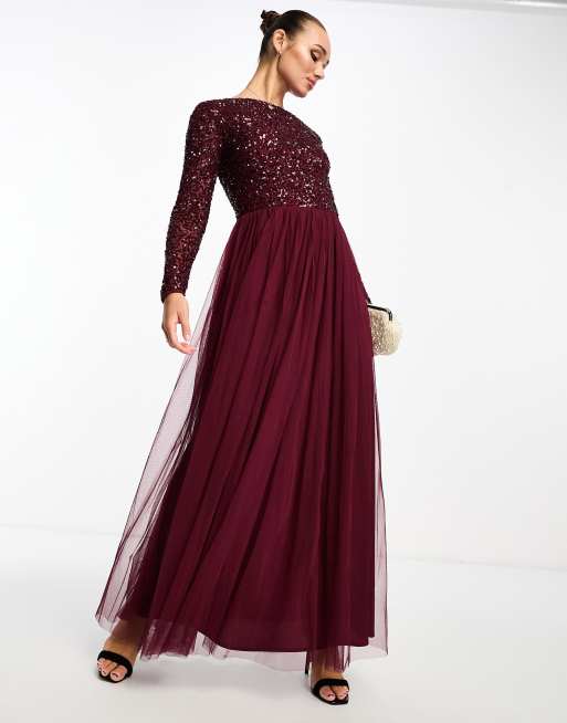 Maya - L'invitée - Robe longue à manches longues en tulle orné de sequins délicats ton sur ton - Lie-de-vin, 4 de 4