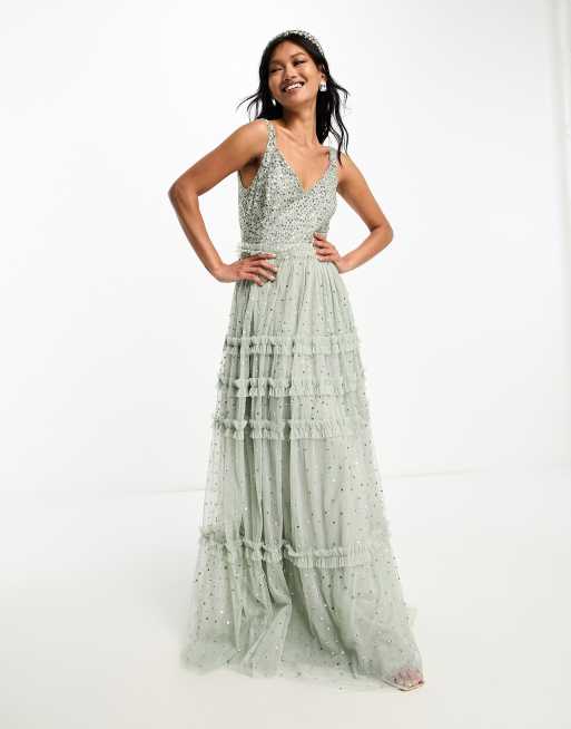 Maya L invit e Robe longue d ensemble en tulle avec sequins d licats ton sur ton et jupe longue Vert sauge