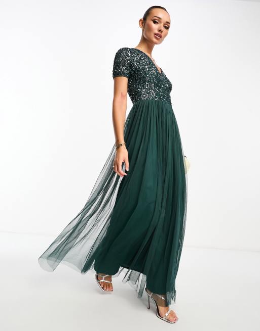 Maya L invitee Robe longue en tulle orne de sequins ton sur ton avec manches courtes Vert emeraude