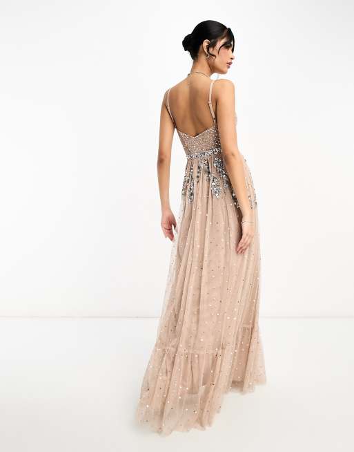 Maya L invit e Robe longue portefeuille d ensemble en tulle avec sequins d licats ton sur ton Blush taupe